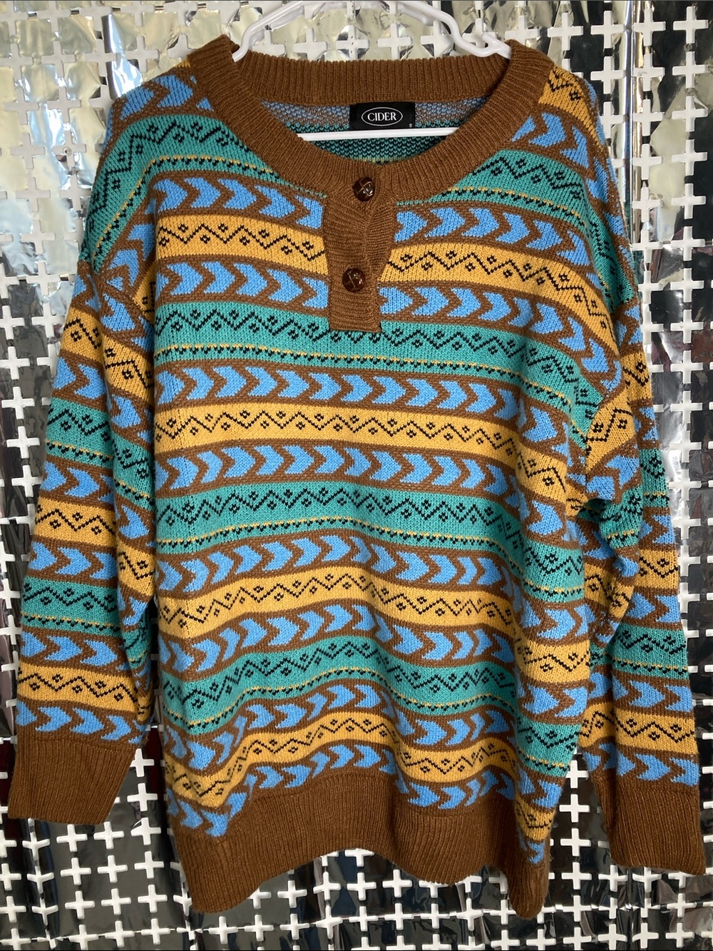 Cider Brown, Teal & Light Blue Striped Henley Sweater